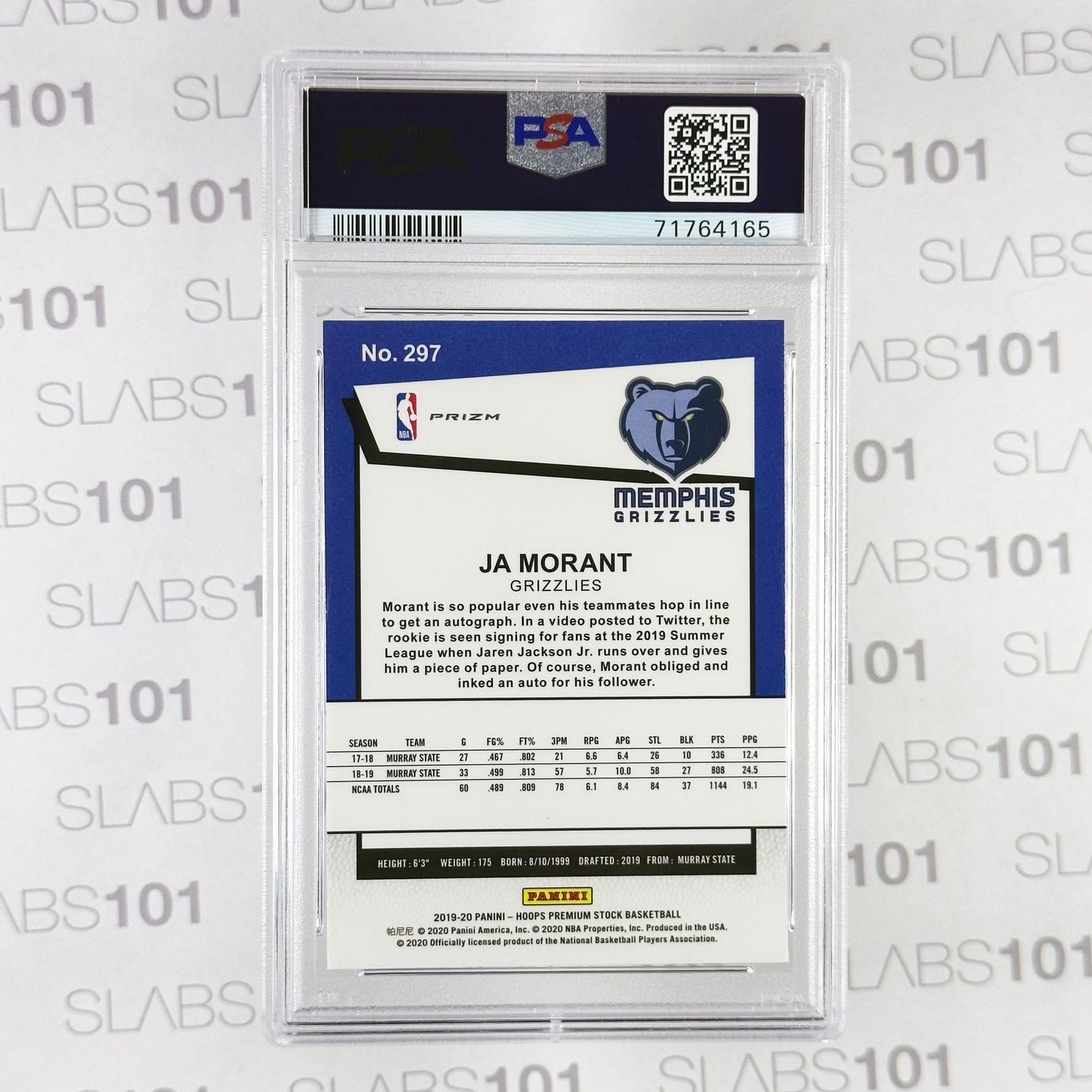 2019 Ja Morant Hoops Premium #297 Silver Laser PSA 10